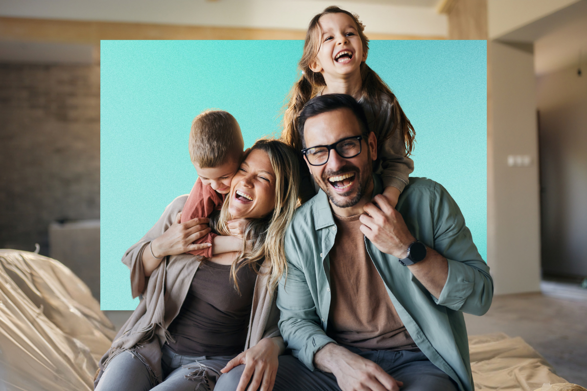 Radian light blue gradiant with family of four smiling and laughing